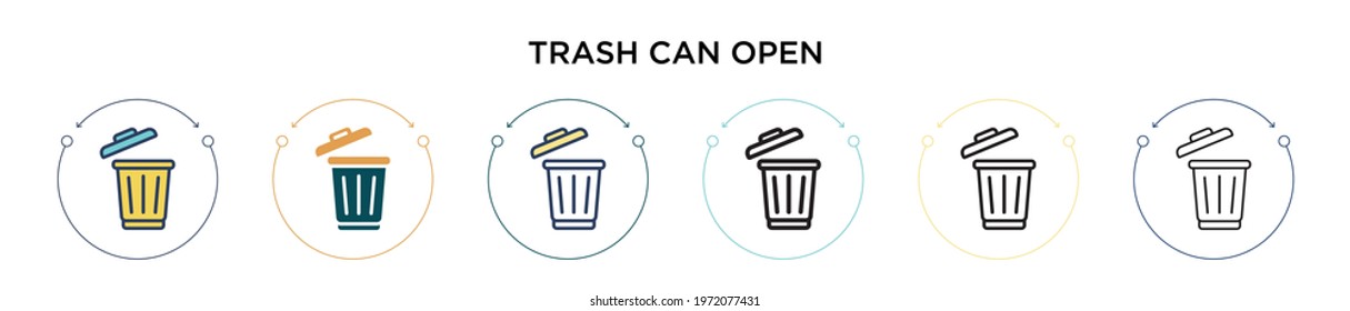 Trash can open icon in filled, thin line, outline and stroke style. Vector illustration of two colored and black trash can open vector icons designs can be used for mobile, ui, web