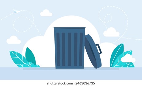 Trash can open. Metal trashcan for garbage with opened cover. Empty rubbish can cartoon design. Ecology and environment concept. Isolated on white background. Flat style. Vector illustration