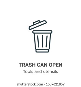 Trash can open outline vector icon. Thin line black trash can open icon, flat vector simple element illustration from editable tools and utensils concept isolated on white background