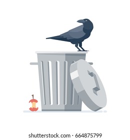 Trash can with opened lid and a crow sit on it. Isolated, on white background. Vector, illustration, flat