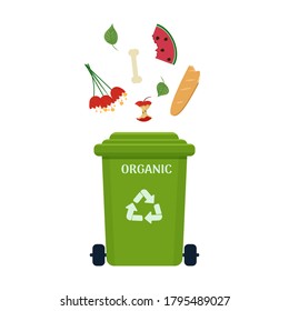 Trash can for organic waste in green colour isolated on white background. Ecology, waste sorting concept.