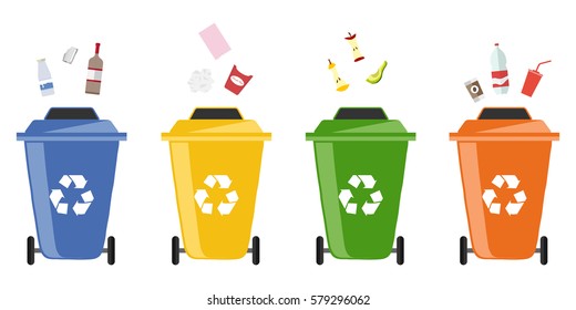Trash can, out wheeled bin icon, throw garbage, waste, bottle, swing apple, paper, unnecessary things, to throw. Flat design, vector illustration, vector.