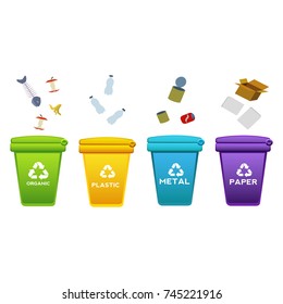 Trash can, out wheeled bin icon, throw garbage, waste, bottle, swing apple, paper, unnecessary things, to throw. Flat design, vector illustration, vector.