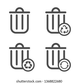 trash can outline vector icons isolated on white background. trash bin for garbage collection with recycle arrows sign