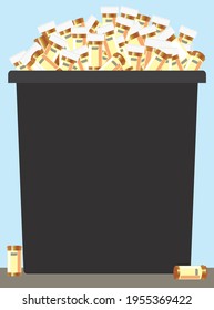 A trash can is overflowing with empty prescription pill bottles