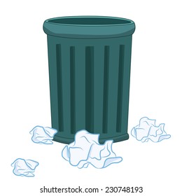 Trash Can and paper isolated illustration on white background