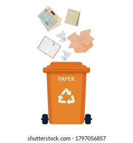 Trash can for paper waste, isolated on white background. Detailed composition, sorting, ecology concept