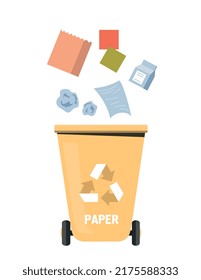 Trash can with paper. Waste sorting concept. Yellow container with package, packaging from milk or yogurt, paper sheet. Responsible society and care for nature. Cartoon flat vector illustration