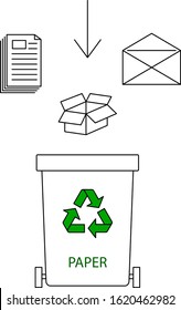 Trash can and paper waste suitable for recycling.  Trash container for paper rubbish only. Idea of recycle and ecology. Isolated vector illustration in flat style