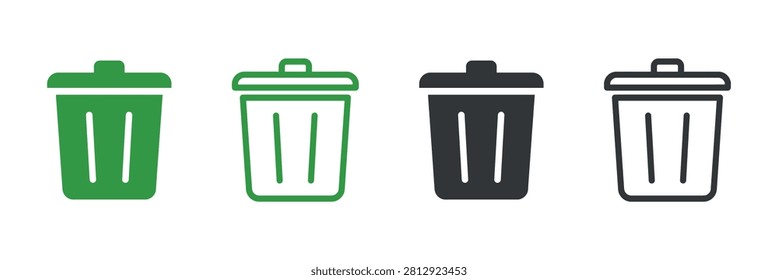 Trash can pictogram set four variations in flat vector style wastebin rubbish container