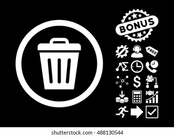 Trash Can pictograph with bonus elements. Vector illustration style is flat iconic symbols, white color, black background.