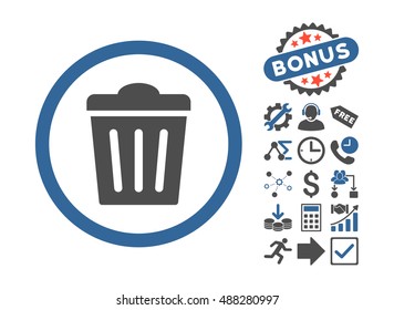 Trash Can pictograph with bonus pictogram. Vector illustration style is flat iconic bicolor symbols, cobalt and gray colors, white background.
