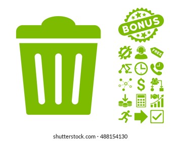 Trash Can pictograph with bonus symbols. Vector illustration style is flat iconic symbols, eco green color, white background.