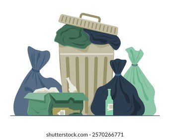 Trash Can with Pile of Garbage Bags for Scattered Trash Concept Illustration