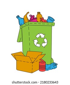 Trash can with pile of household waste. Plastic, glass, metal, paper, organic waste illustration. Problem globe pollution. Pile of household waste