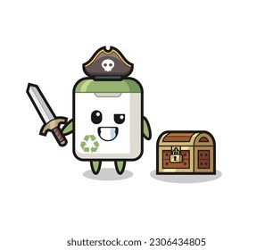 the trash can pirate character holding sword beside a treasure box , cute style design for t shirt, sticker, logo element