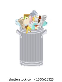 Trash can pixel art. 8 bit Wheelie bin with Garbage on white background. Dumpster iron. peel from banana and stub. Tin and old newspaper. Bone and packaging. Crumpled paper and plastic bottle