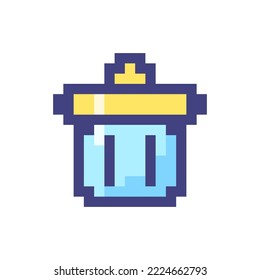 Trash can pixelated RGB color ui icon. Recycle bin. Garbage container. Dumpster. Simplistic filled 8bit graphic element. Retro style design for arcade, video game art. Editable vector isolated image
