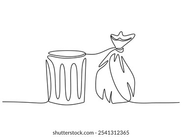 Lata de lixo e saco plástico em desenho contínuo de uma linha. Design minimalista para o cuidado ambiental e gestão de resíduos.