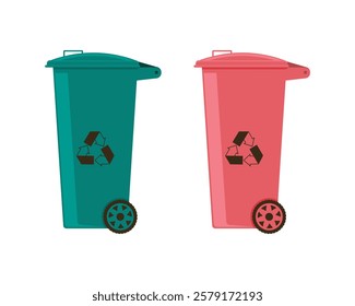 Trash can. Plastic garbage collection tank. A red and green trash can. A garbage recycling bin. Vector illustration isolated on a white background