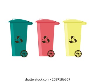 Trash can. Plastic garbage collection tank. A red, yellow and green trash can. A garbage recycling bin. Vector illustration isolated on a white background