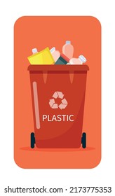 Trash can for plastic products. Red container with bottles. Recycle waste for reuse, reduce emissions of harmful substances. Caring for environment and planet. Cartoon flat vector illustration