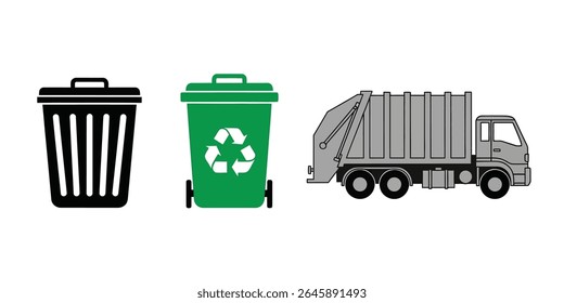 Mülleimer, Papierkorb und Müllwagen-Vektorsymbol-Set. Symbole zum Entfernen von Müll mit Recyclingzeichen einzeln auf weißem Hintergrund	