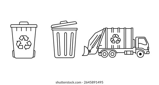 Iconos del Vector del camión de la basura con las muestras del reciclaje aisladas en el fondo blanco	