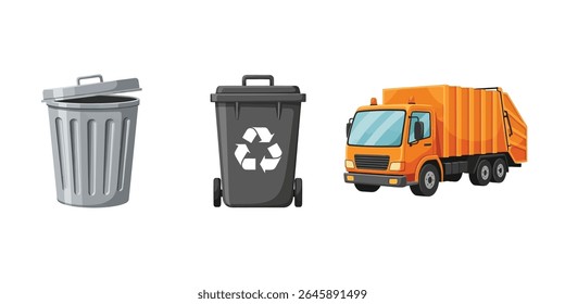 trash can, recycle bin and garbage truck vector icon set. garbage removal icons with recycle signs isolated on white background	
