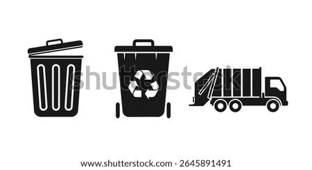 trash can, recycle bin and garbage truck vector icon set. garbage removal icons with recycle signs isolated on white background	
