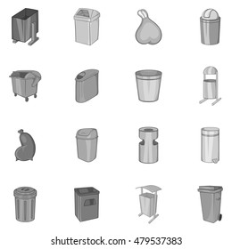 Trash can and recycle bin icons set in black monochrome style. Garbage set collection vector illustration