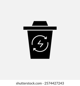 Trash can and recycle energy icon glyph, free energy, ecology, renewable and green energy concept. Solid black icon.