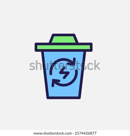 Trash can and recycle energy icon flat, free energy, ecology, renewable and green energy concept. Outline and filled colourful icon.