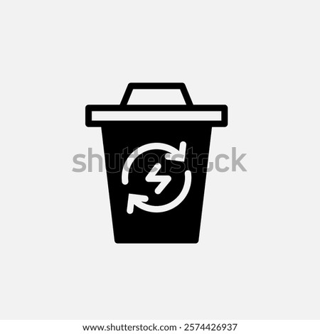 Trash can and recycle energy icon semi solid, free energy, ecology, renewable and green energy concept. Glyph icon.