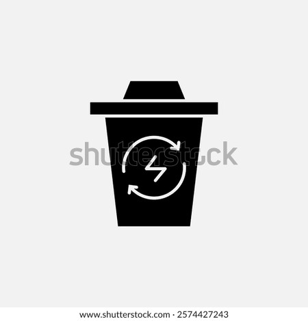 Trash can and recycle energy icon glyph, free energy, ecology, renewable and green energy concept. Solid black icon.