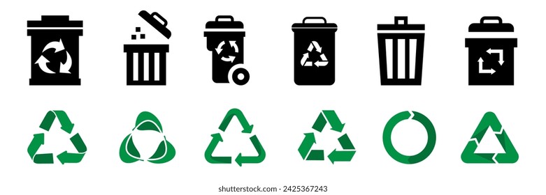 Trash can and recycle icons. Trash bin, recycle arrow icon collection. Set of recycle and trash can icons