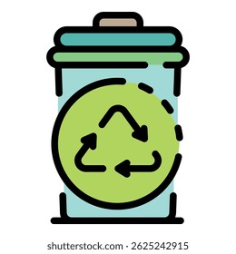 Trash can and recycling sign icon. Outline trash can and recycling sign vector icon color flat isolated