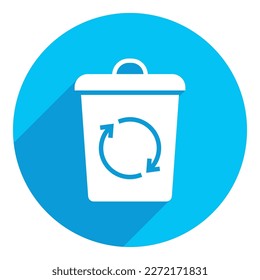 Trash can with recyling symbol. flat icon. long shadow design. blue background.