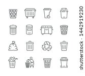 Trash can related icons: thin vector icon set, black and white kit