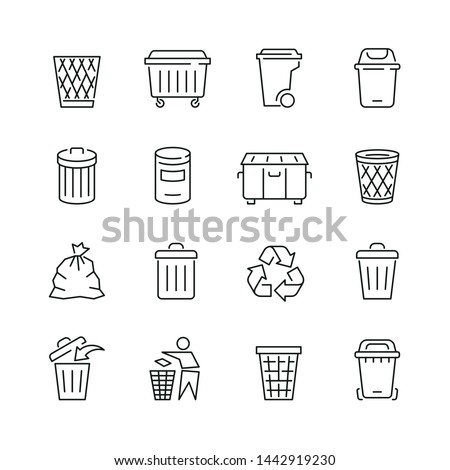 Trash can related icons: thin vector icon set, black and white kit