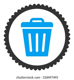 Trash Can round stamp icon. This flat vector symbol is drawn with blue and gray colors on a white background.