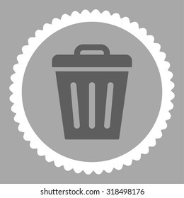 Trash Can round stamp icon. This flat vector symbol is drawn with dark gray and white colors on a silver background.