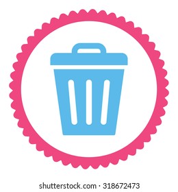 Trash Can round stamp icon. This flat vector symbol is drawn with pink and blue colors on a white background.