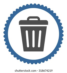 Trash Can round stamp icon. This flat vector symbol is drawn with cobalt and gray colors on a white background.