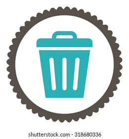 Trash Can round stamp icon. This flat vector symbol is drawn with grey and cyan colors on a white background.