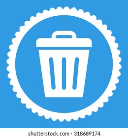 Trash Can round stamp icon. This flat vector symbol is drawn with white color on a blue background.