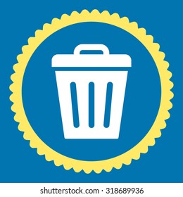 Trash Can round stamp icon. This flat vector symbol is drawn with yellow and white colors on a blue background.