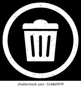 Trash Can rubber seal stamp watermark. Icon symbol inside circle frame with grunge design and dirty texture. Scratched vector white ink emblem on a black background.