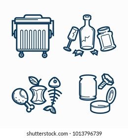 Trash can and rubbish isolated monochrome illustrations set