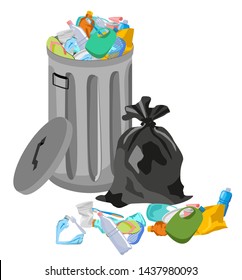 Trash can with Rubbish isolated. Wheelie bin with Garbage on white background.  Crumpled paper and plastic bottle